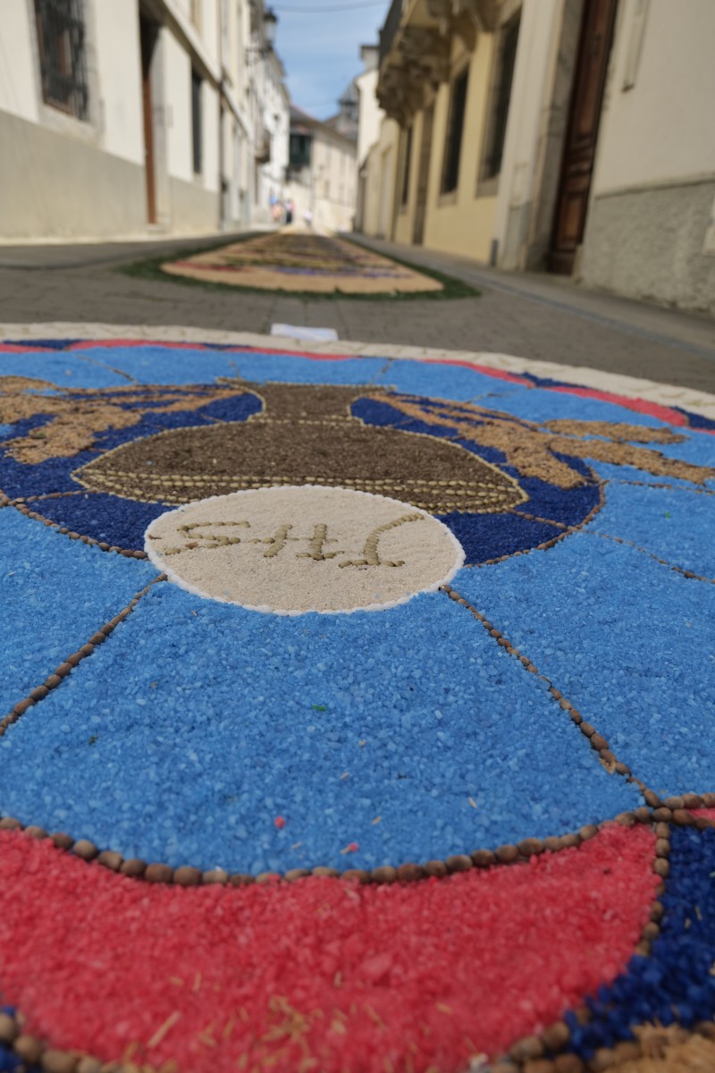 First Communion sidewalk flower display with a chalice and wheat, labeled “Mi Primera Comunión”
