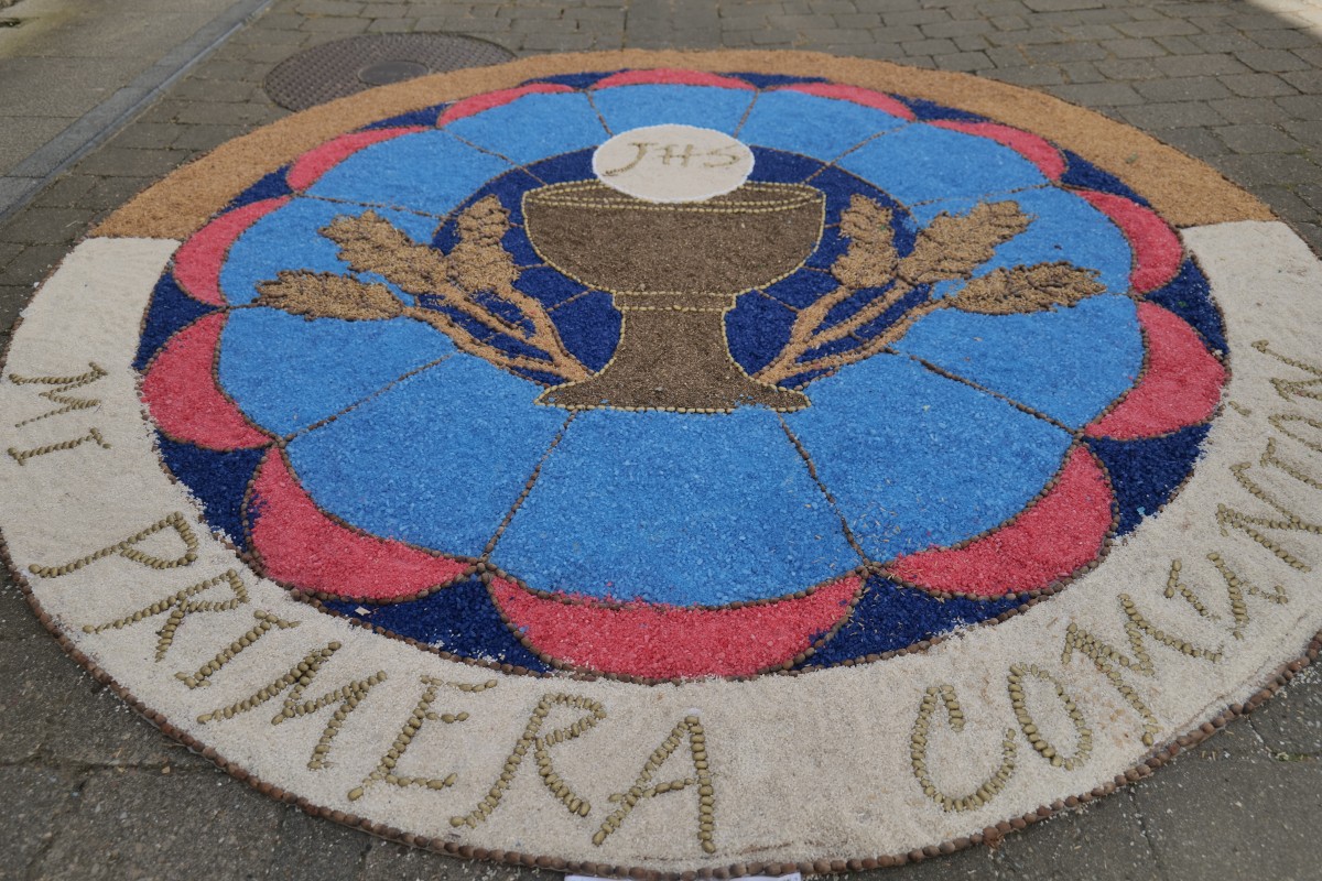 First Communion sidewalk flower display with a chalice and wheat, labeled “Mi Primera Comunión”