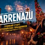 BarrenaZU festival with fireworks and a masked dancer in traditional costume