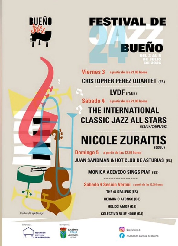 Poster for the Bueno Jazz 2026 festival with dates, lineup, and performance times