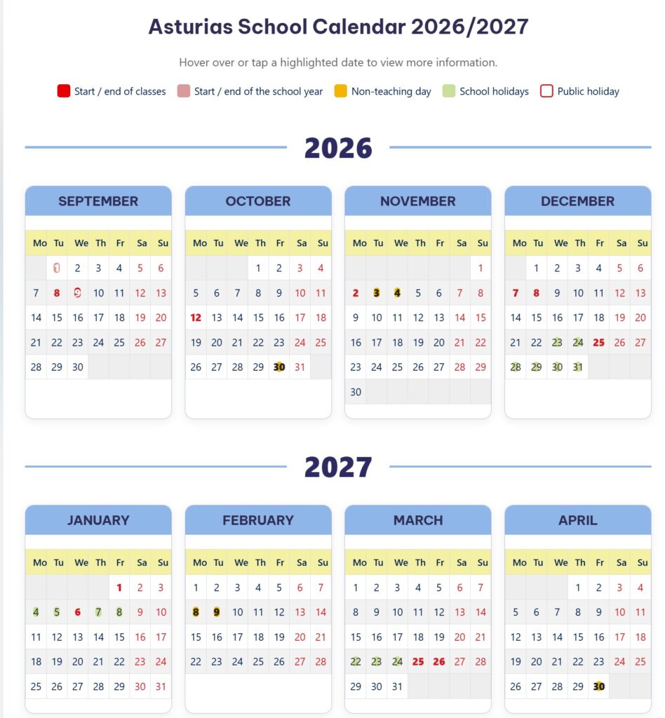 Asturias school calendar for 2026–2027, showing marked class dates, holidays, and non-teaching days