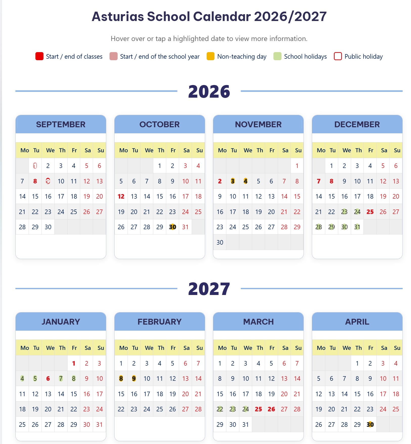 Asturias school calendar for 2026–2027, showing marked class dates, holidays, and non-teaching days