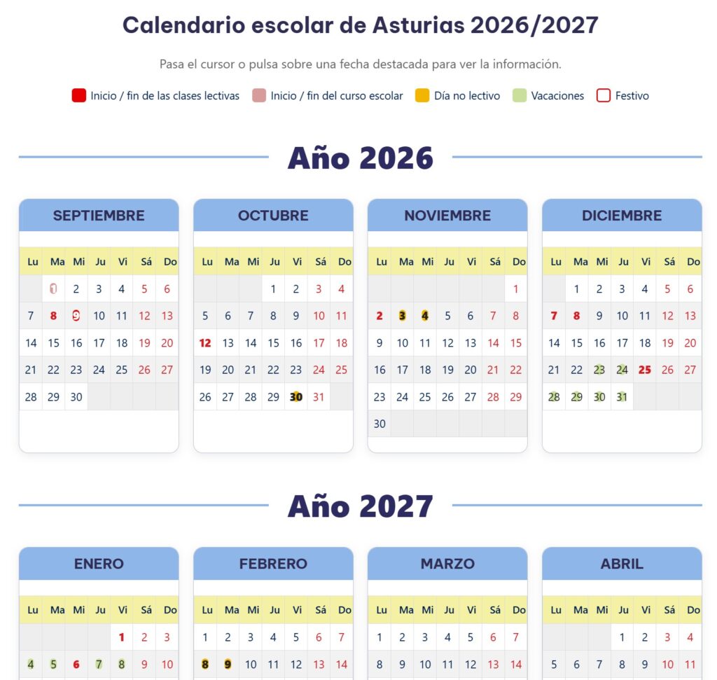 School calendar for Asturias 2026/2027, showing monthly dates and holiday markers