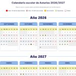 School calendar for Asturias 2026/2027, showing monthly dates and holiday markers
