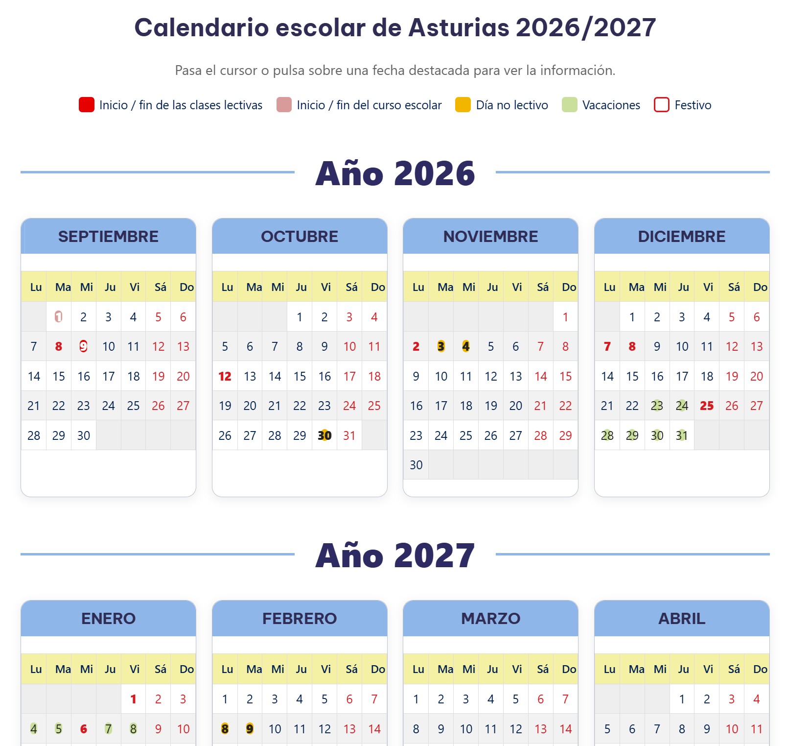 Calendario escolar de Asturias 2026/2027