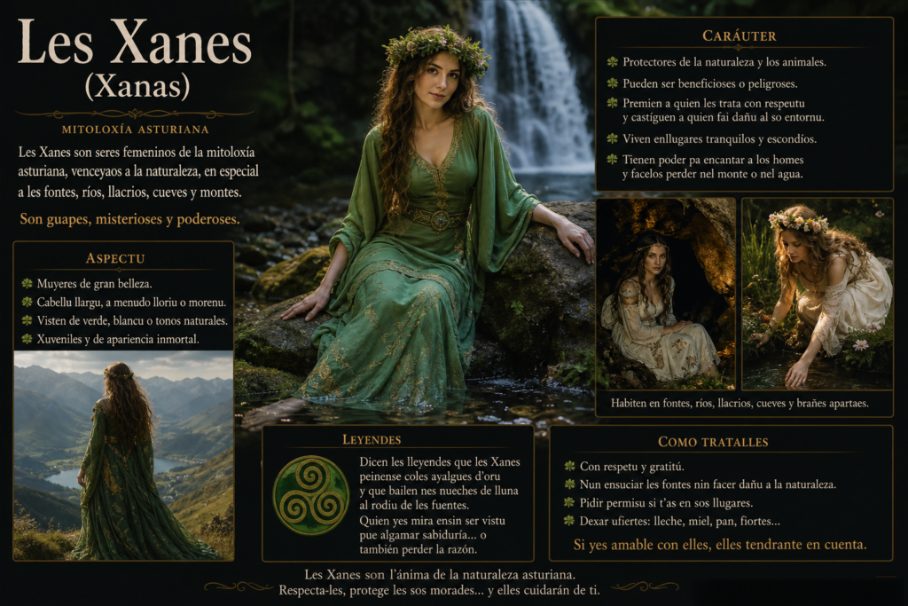 Infographic about Les Xanes, Asturian nature spirits, with images of women in green by waterfalls and forests