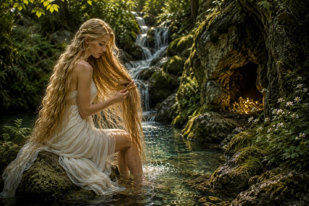 Xana in a white dress sitting by a forest stream, combing her long hair near a waterfall