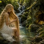 Xana in a white dress sitting by a forest stream, combing her long hair near a waterfall