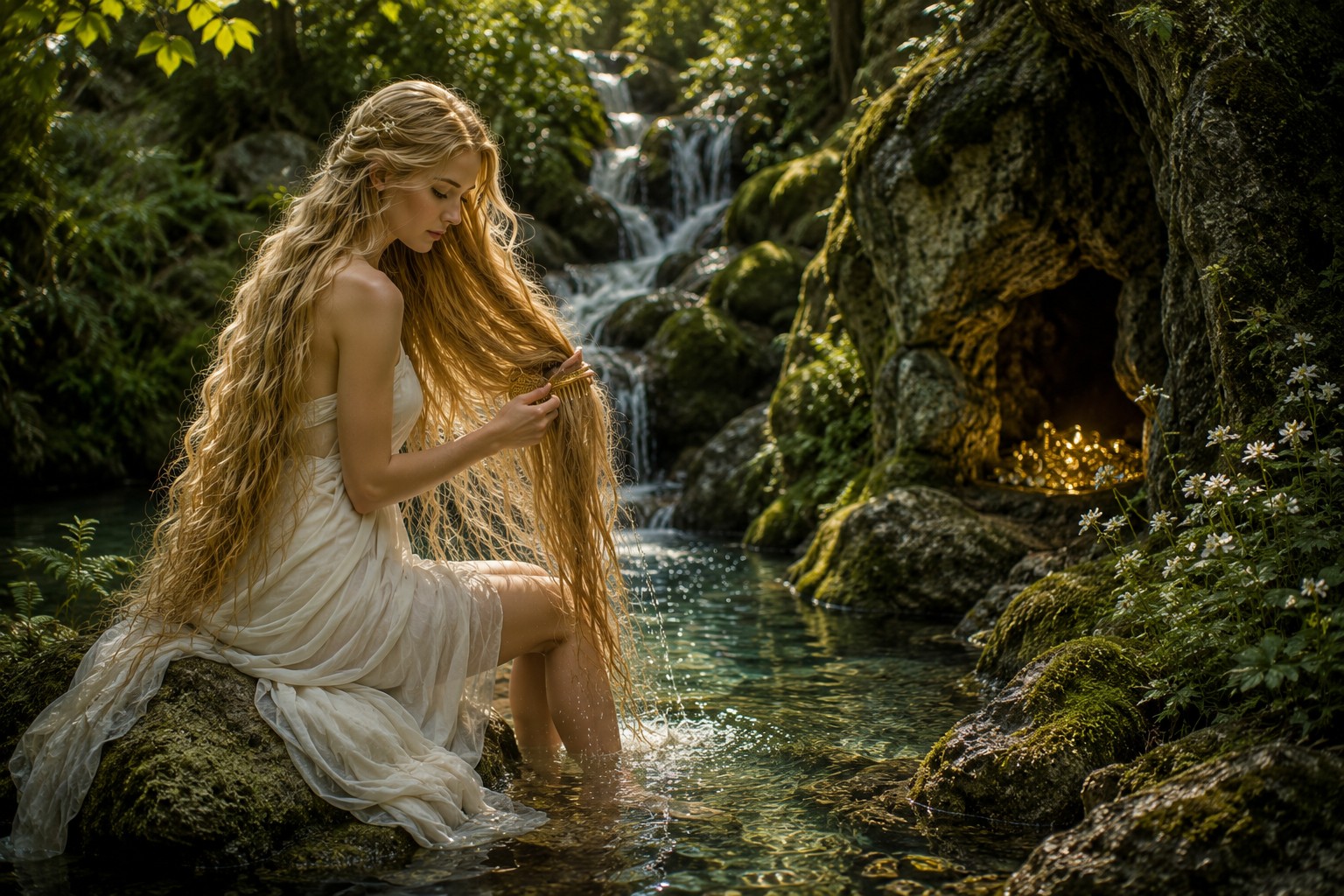 Xana in a white dress sitting by a forest stream, combing her long hair near a waterfall